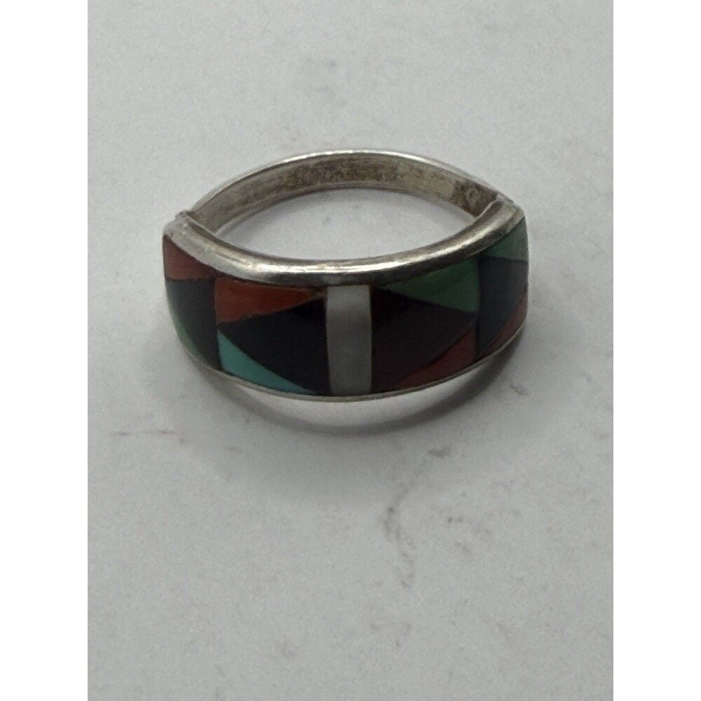 Zuni Inlaid mosaic sterling Silver Ring Band Size 6.5, 925
